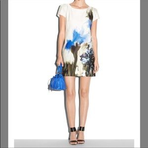 Milly Chloe Abstract Watercolor Floral Short Cap Sleeve Sheath Dress White Blue